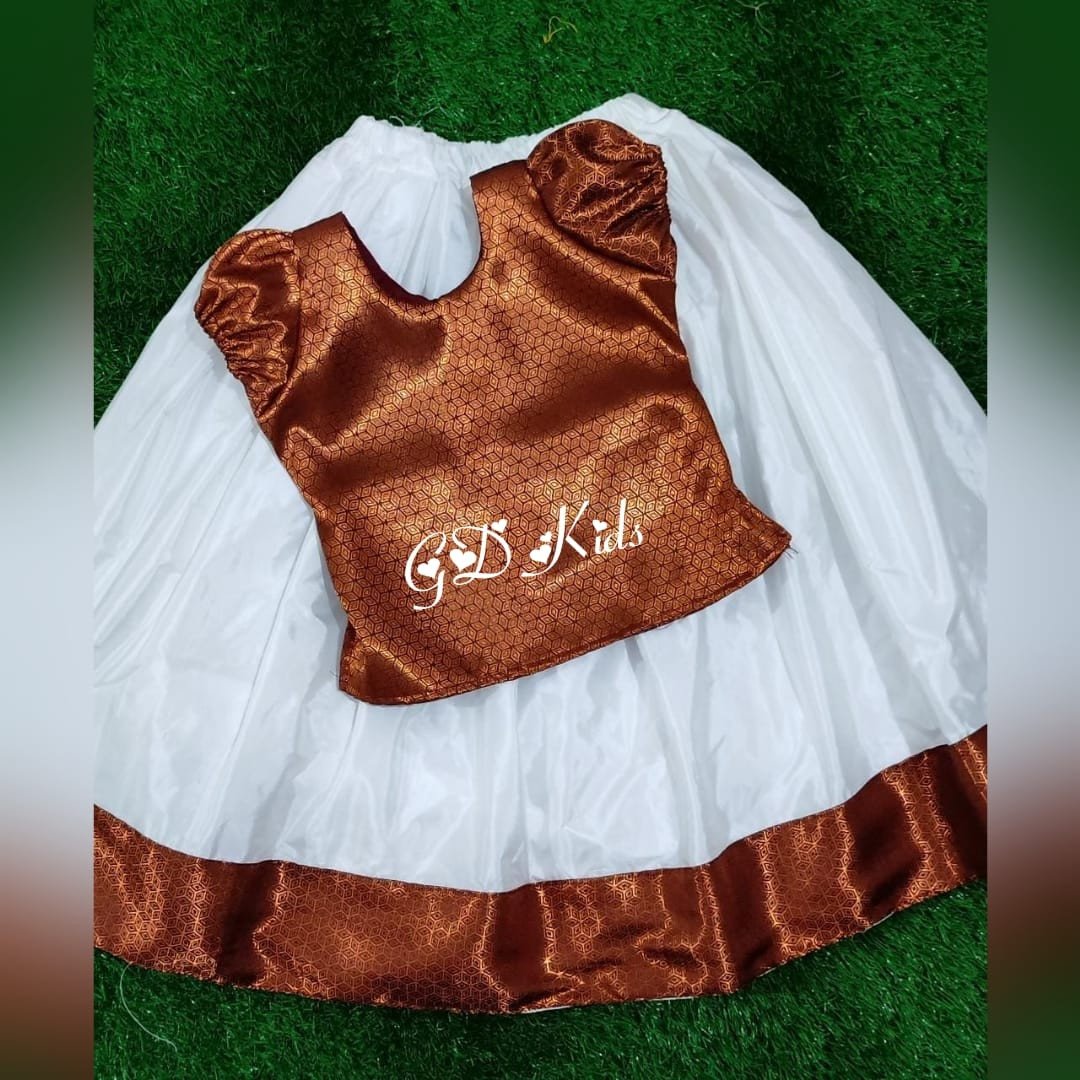 Classy Threads Collectionzz Trendy Stylish Kids Silk Cotton Skirts & Jacket - White & Coffee Colour | Kerala Pattupavada