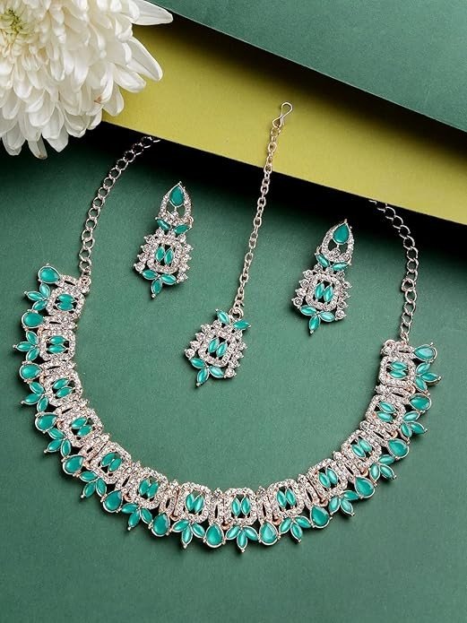 Sukkhi Admirable Fashionable AD Sea-Green Stones Collar Bone Necklace Set With Earring And Maangtika | Jewellery Set For Women (NS105559)