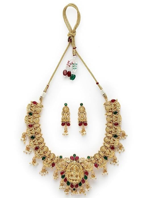 Sukkhi Traditional Gold Plated Copper Temple Collar Bone Necklace Set And Earring | Jewellery Set For Women (NS105618)