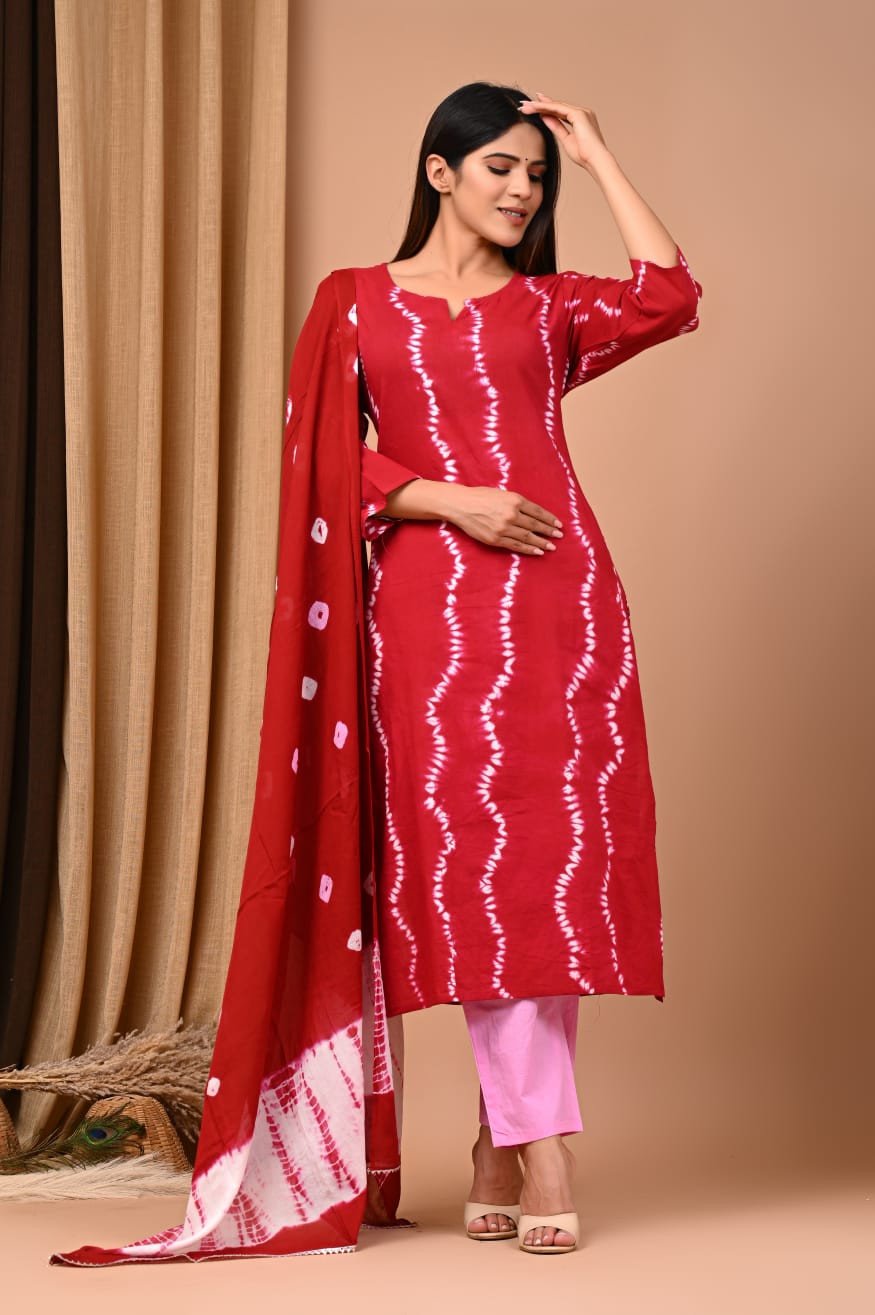 Bagru Handblock Printed Designer Cotton Suit With Mulmul Duptta - Maroon Colour | Cotton Churidar Full Set