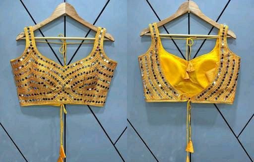 Sastha Fashion Stylish Heavy Phantom Silk Thread Zari Work Handmade Real Mirror Lace And Embroidery Work Sleeveless Readymade Saree Blouse For Lehenga Choli - Yellow Colour