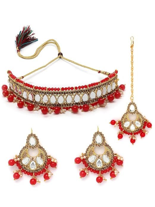 Exciting Gold Plated White Kundan & Beads Studded Choker Necklace Set For Women.