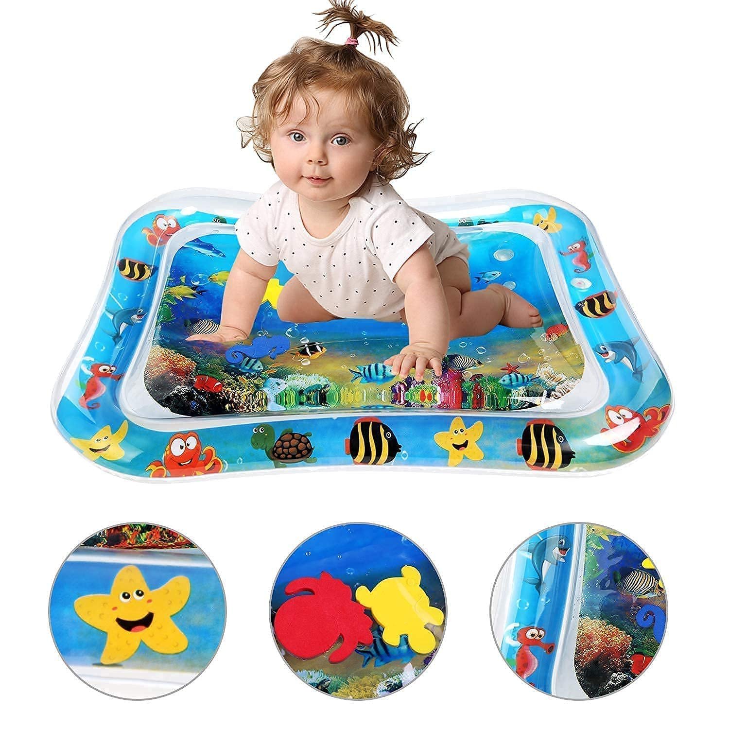 SmartGadgets Water Play Mat-Baby Tummy Time Water Play Mat – Inflatable Leakproof Activity Mat with Floating Sea Animals for Babies 3-12 Months – (Random Design, Blue)