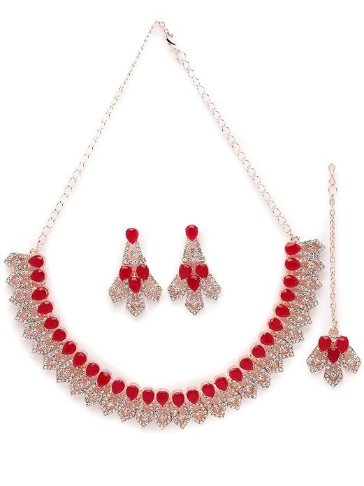 Admirable Fashionable AD Red Stones Collar Bone Necklace Set With Earring And Maangtika | Jewellery Set For Women (NS105675)