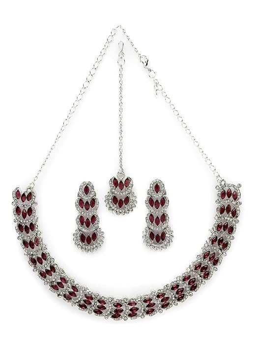 Beguiling Rhodium Plated AD Maroon Stone Collar Bone Necklace Set With Earring And Maangtika | Jewellery Set For Women (NS105604)