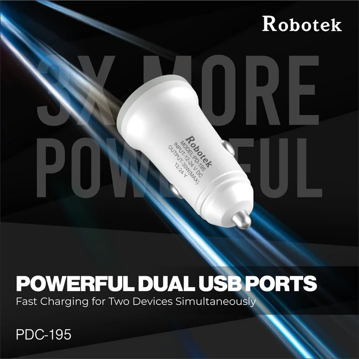 Robotek PDC-195 PD + QC 3.0 Car Charger With Charging Cable.