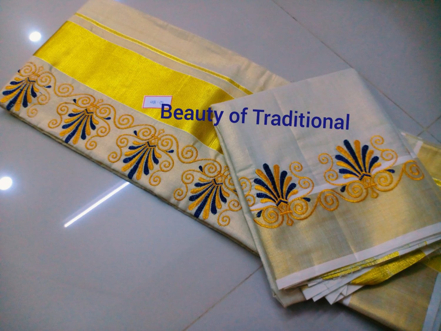 Avanika Collection's Attractive Kerala Traditional Kassavu Tissue Embroidery Work Set Mundu
