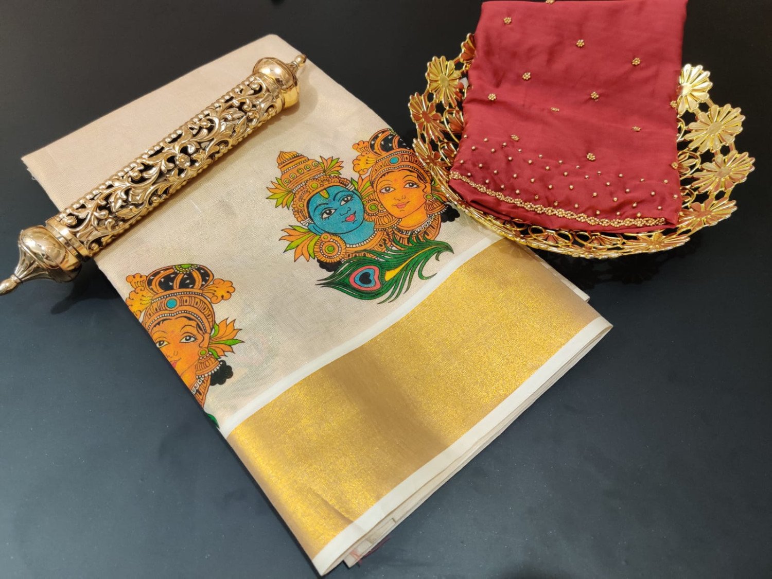 Sai Ram Textiles Kuthampully Premium Quality Tissue Vaishnava Pattu Pavada Material | Aari Work In Both Sleeves | Tissue Skirt And Jacket
