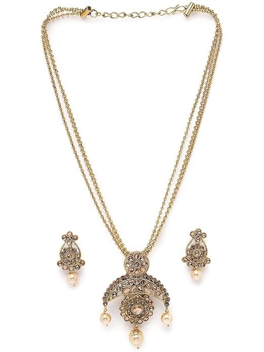 Gold Stone Multistring Long Necklace Set And Earring | Jewellery Set For Women (NS105685)