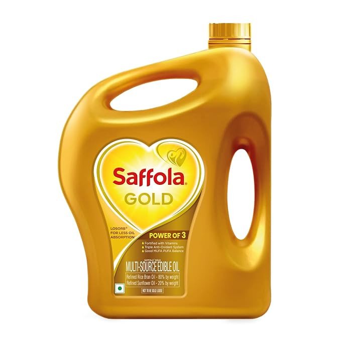 Saffola Gold Refined Cooking oil | Power of 3 - Balance of Good Fats, Triple Anti-Oxidant System & Fortified with Vitamins | Multi-Source Edible Rice Bran & Sunflower Oil | 3 Litre Jar