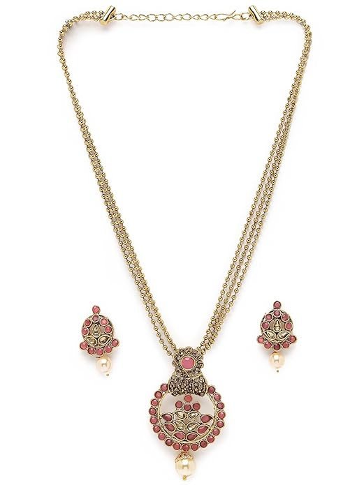 Eye-Catching Pink Stone Multistring Long Necklace Set And Earring | Jewellery Set For Women (NS105679)