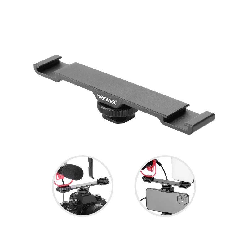 NEEWER Dual Cold Shoe Mount Bracket， Aluminum Alloy Dual Hot Shoe Extension Bar