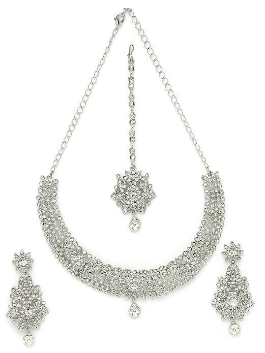 Magnifecent Rhodium Plated Silver AD White Stones Collar Bone Necklace Set With Earring And Maangtika | Jewellery Set For Women (NS105669)