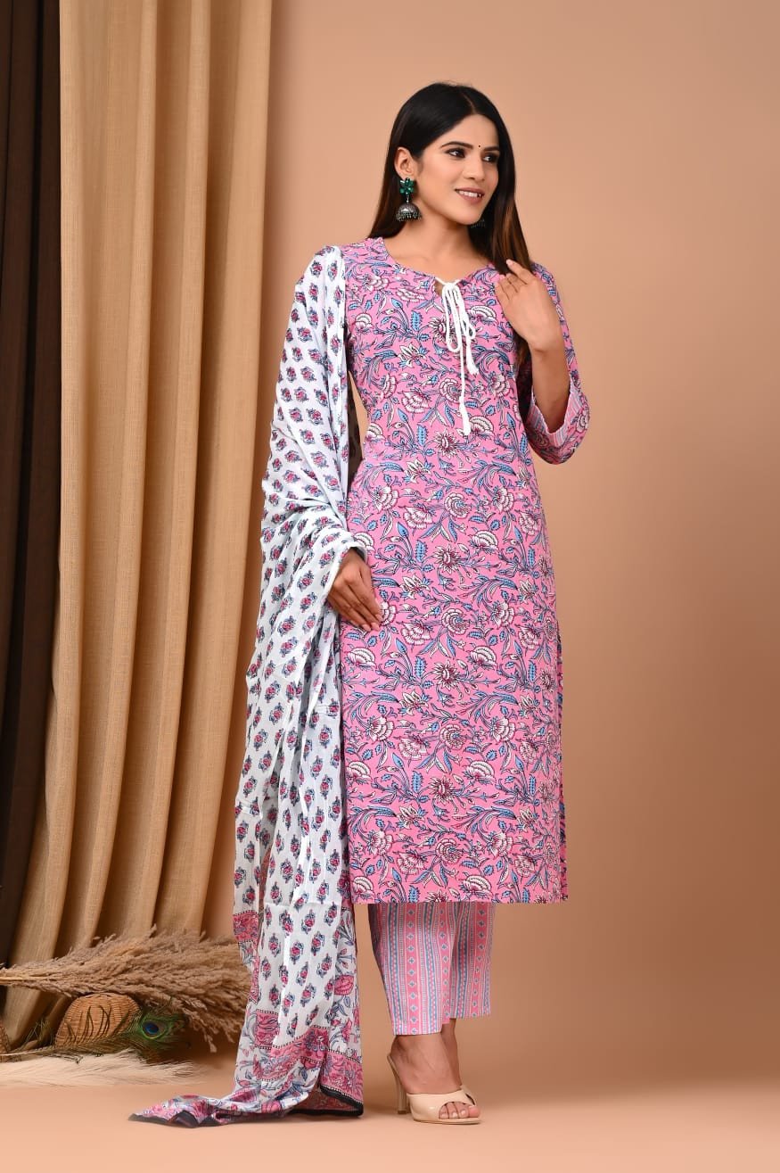 Bagru Handblock Printed Designer Cotton Suit With Mulmul Duptta - Pink Colour | Cotton Churidar Full Set