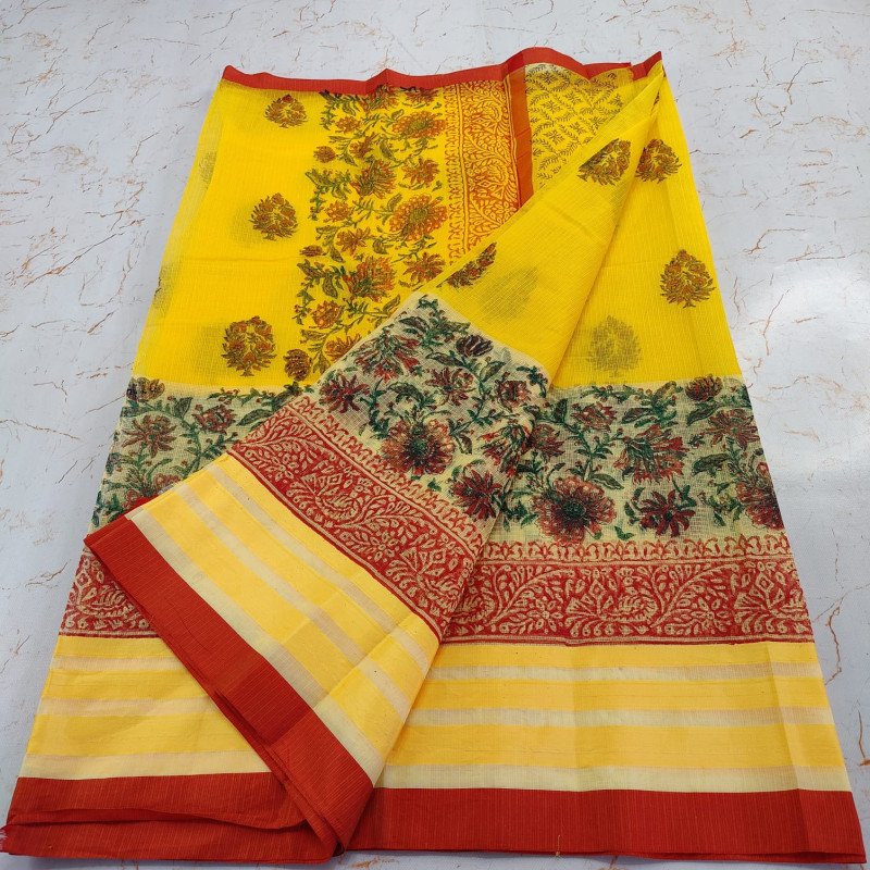 Edathal Star Collection's Kota Doria Mix Cotton Block Printed Saree With Blouse - Multi Colour | Pure Cotton Saree With Blouse