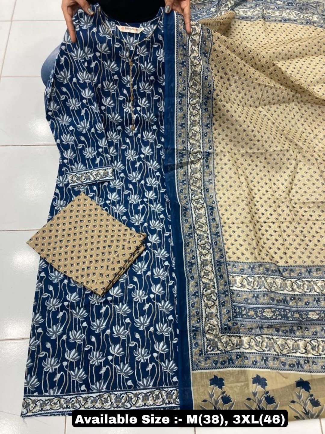 Sew In Style Printed Pure Cotton Ready Made Kurti And Pend With Duppatta | Ladies Full Churidhar Set(Blue and Off White)
