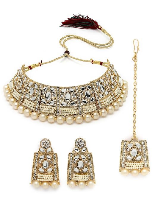 Adorable Unique Stylish Rani Pink Stone Studded With Pearls Choker Necklace Set For Women.