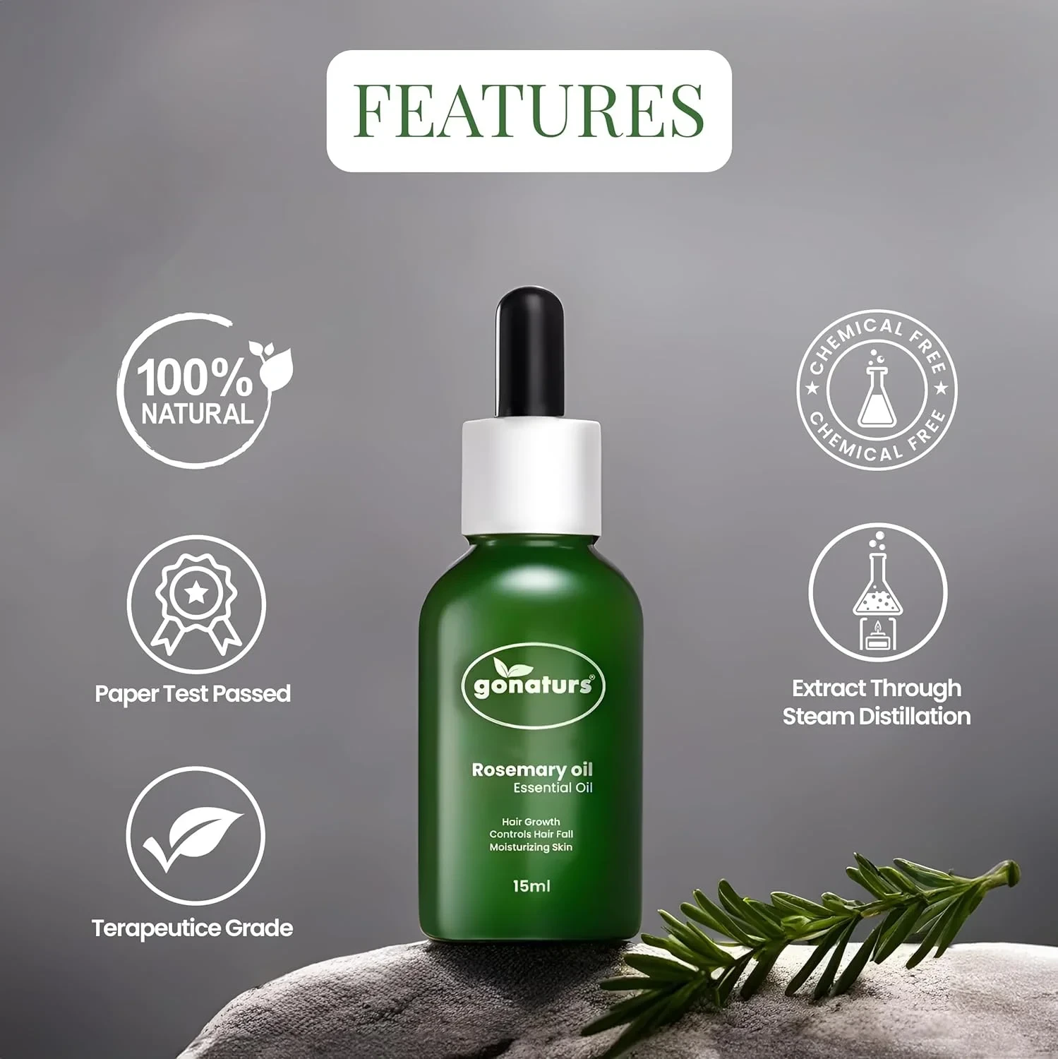GONATURS Rosemary Essential Oil for Quick Hair Growth, Hair Fall Control and Nourishment, Skin Care | Clinically Tested & Certified |100% Organic Pure, Natural, Undiluted, Aromatherapy,