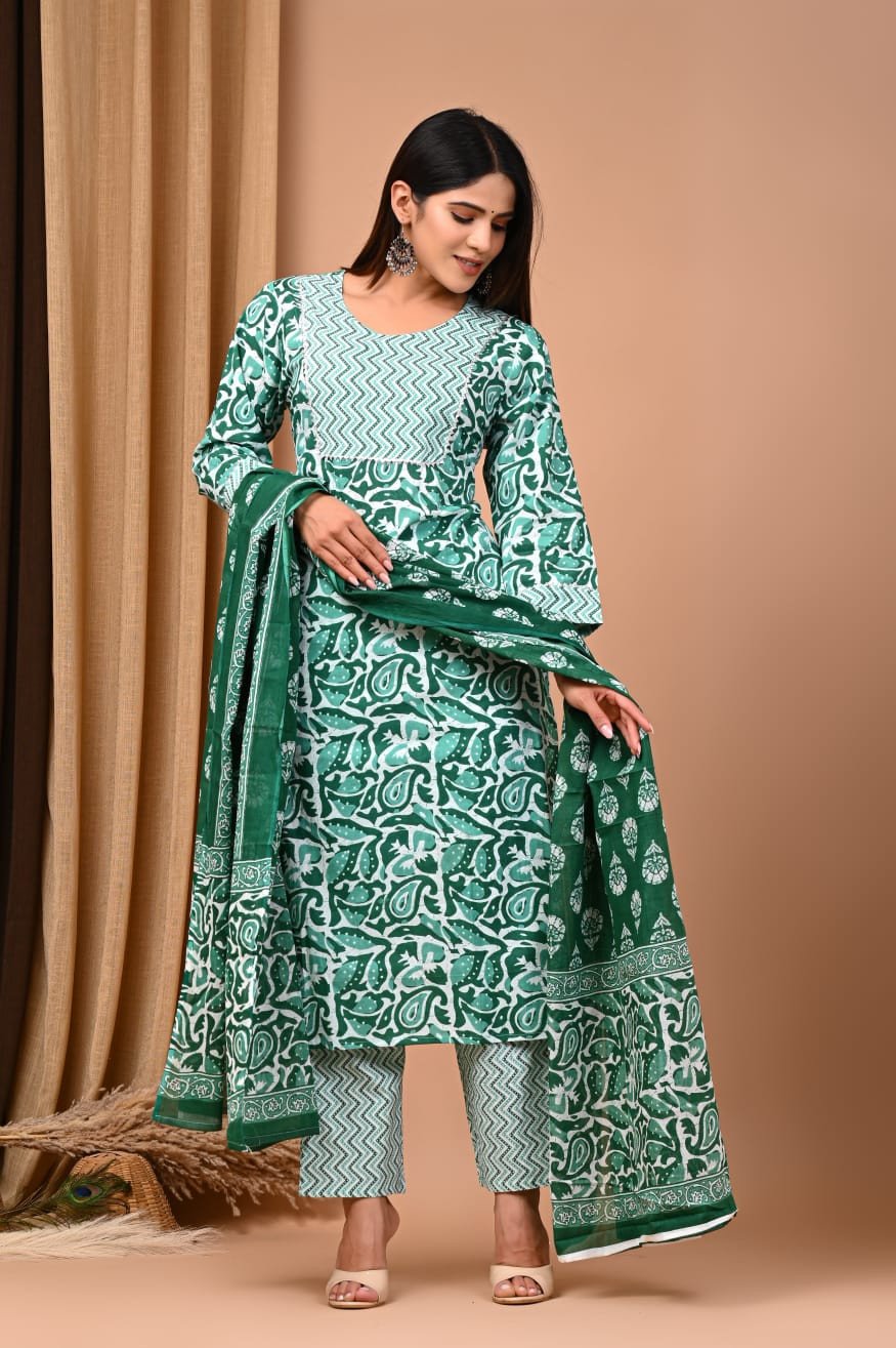 Bagru Handblock Printed Designer Cotton Suit With Mulmul Duptta - Green Colour | Cotton Churidar Full Set