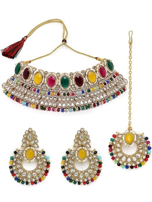 Delightful Trendy Gold Plated Rani Pink Kundan & Beads Studded Choker Necklace Set For Women