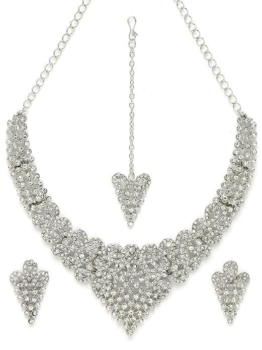 Fanciable Rhodium Plated Silver AD White Stone Collar Bone Necklace Set With Earring And Maangtika | Jewellery Set For Women (NS105666)