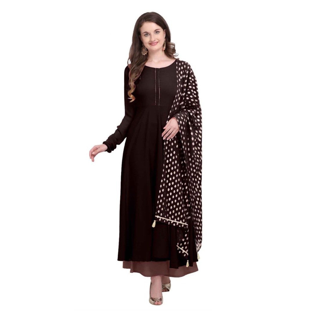 Aparna Collection's Attractive Stylish Georgette Full Sleeve Long Length Kurti & Duppatta For Women - Coffee Colour
