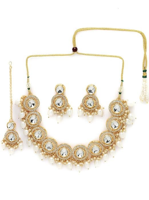 Gold-Plated With American Diamond Studded White Choker Necklace And Stylish Earrings Jewellery Set For Women.