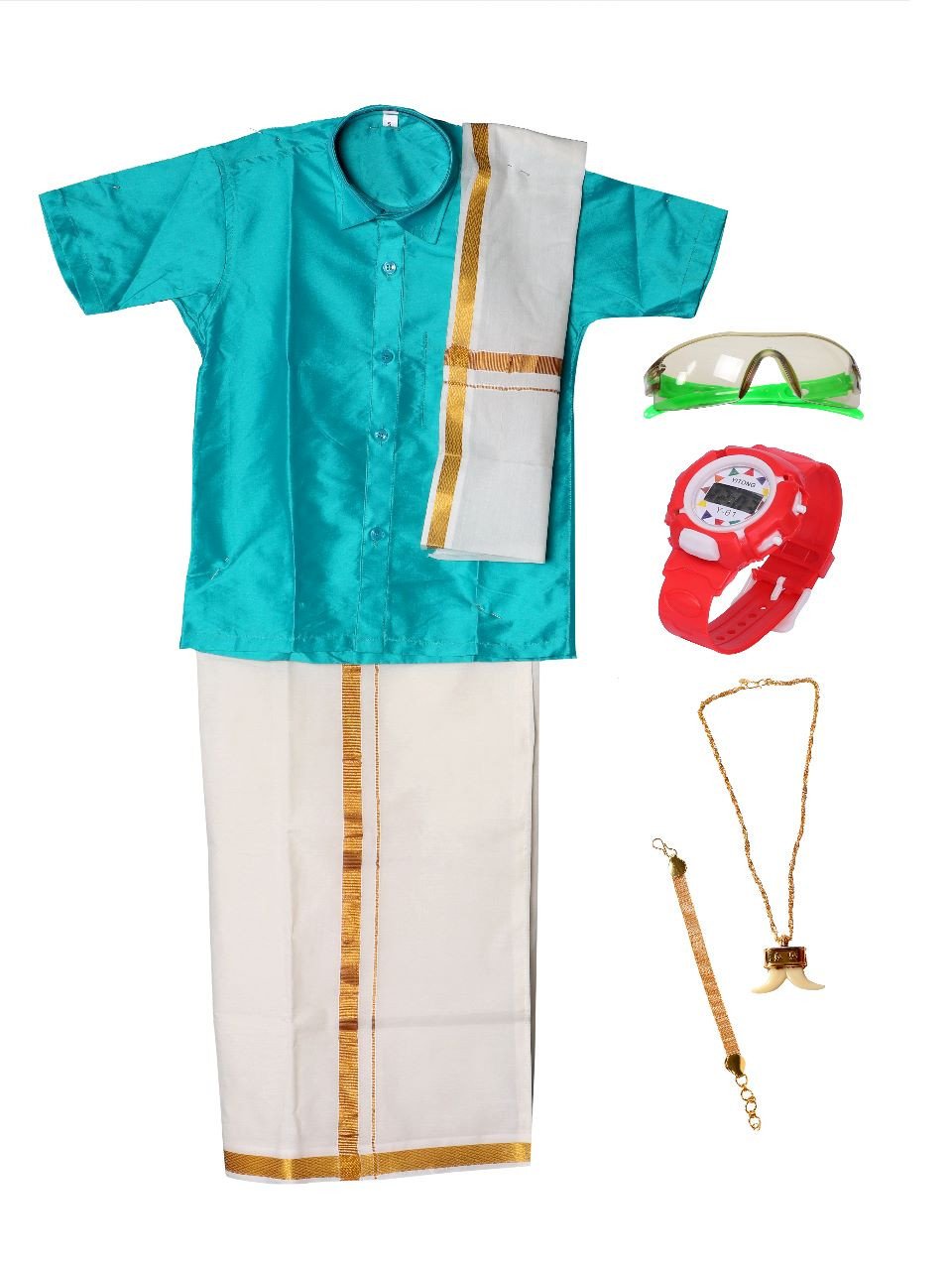 DJ Collection's Attractive Stylish Traditional Premium Quality Silk Cotton Shirt-Dhoti-Towel Full Set With Free Ornaments For Kids - Multicolour | Kids Traditional Ethnic Wear