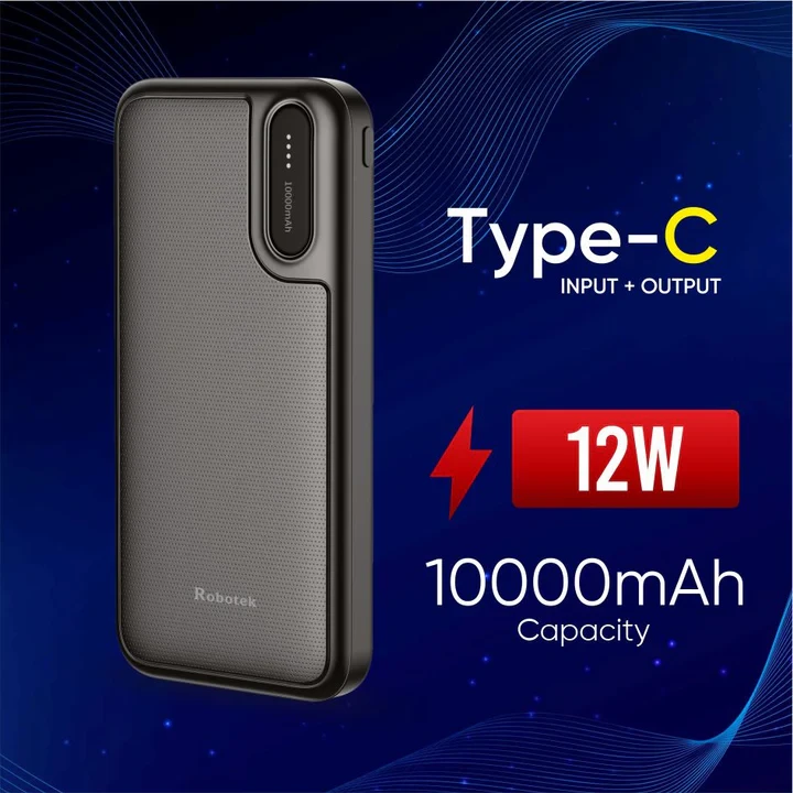 ROBOTEK S12 Max 10000 mAh Fast Charging Power Bank with 12W Fast Charging | Triple Output Type-C + USB-A + USB-A | Input Type-C + Micro USB | Slim & Compact Portable Charger | Compatible with iPhone, 