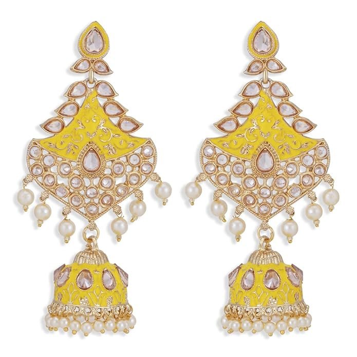 Marvelous Pearl Gold Plated Kundan Meenakari Jhumki Earring for Women.