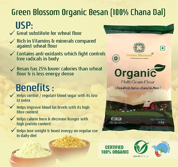Green Blossom Natural & Organic Besan -  (500 g) (3) | Pure & Sure Organic Gram Flour | Organic Gluten Free Besan