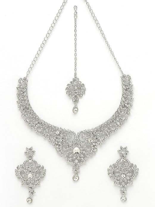 Sukkhi Magnifecent Rhodium Plated Silver AD White Stones Collar Bone Necklace Set With Earring And Maangtika | Jewellery Set For Women (NS105570)