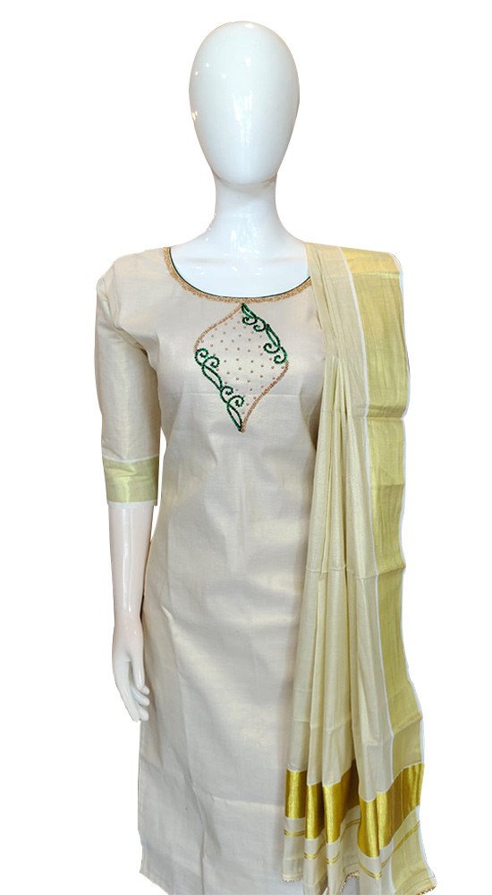 Avanika Collection's Attractive & Stylish Kerala Traditional Tissue Cotton Salwar Full Set (Tissue Dupatta With Bead Work) | Kerala Traditional Churidar Set