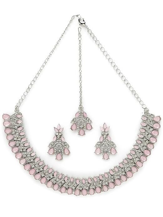 Exquisite Rhodium Plated Pink AD White Stone Collar Bone Necklace Set With Earring And Maangtika | Jewellery Set For Women (NS105621)