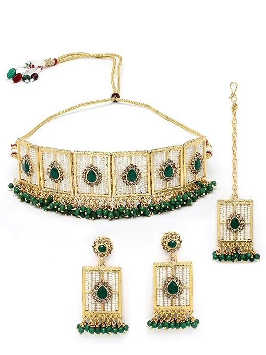 Sukkhi Beautiful Squared Shaped White Beads Studded With Gold Plated Choker Necklace Set For Women.