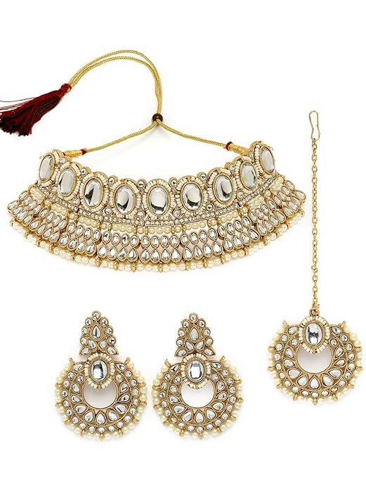 Delightful Trendy Gold Plated Rani Pink Kundan & Beads Studded Choker Necklace Set For Women.