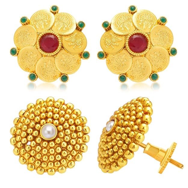 Wavy Laxmi Temple Coin Gold Plated Set of 2 Pair Earring Combo For Women.