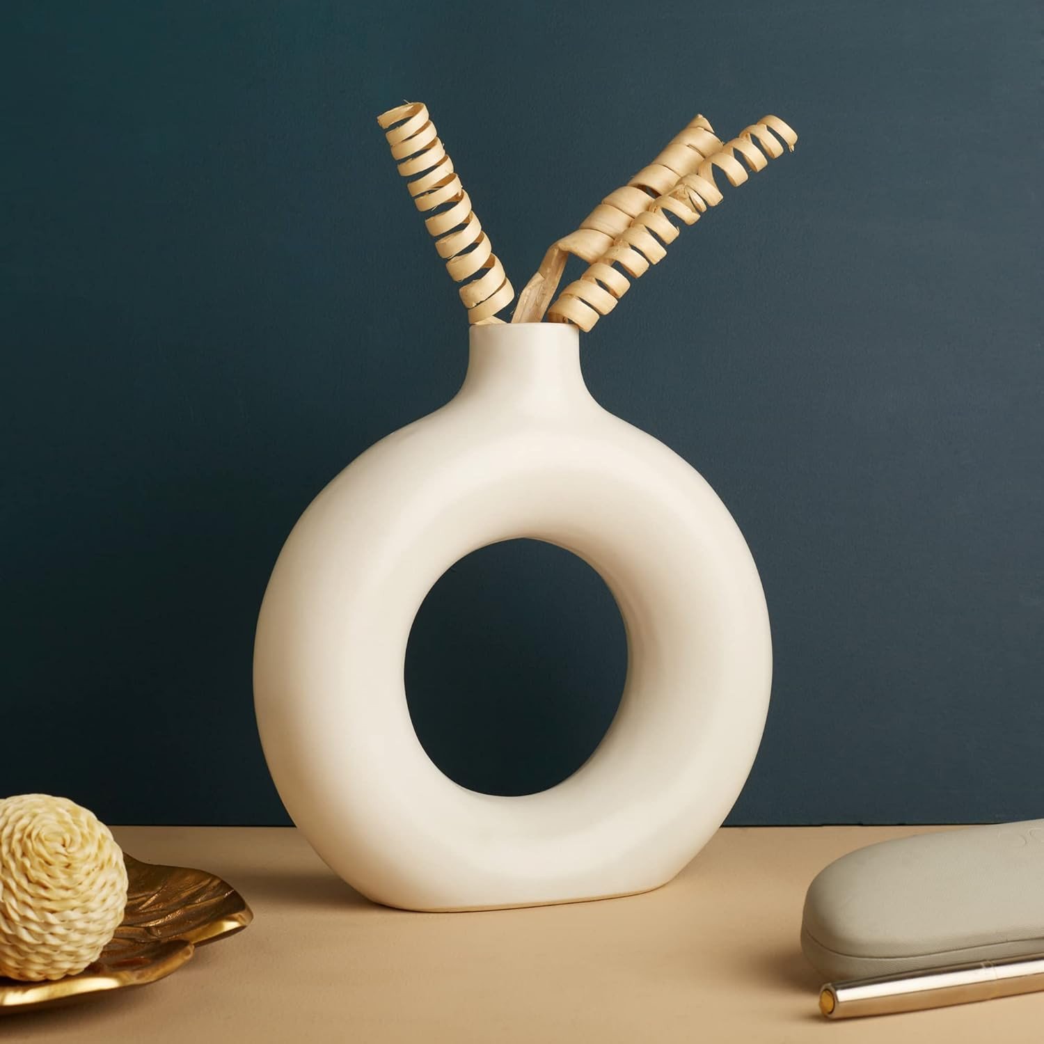 GONATURS The Vintage Artefacts Donut White, Ceramic Pot And Vase Handcrafted, Round Shaped.+ Two Angular Wooden Stand .