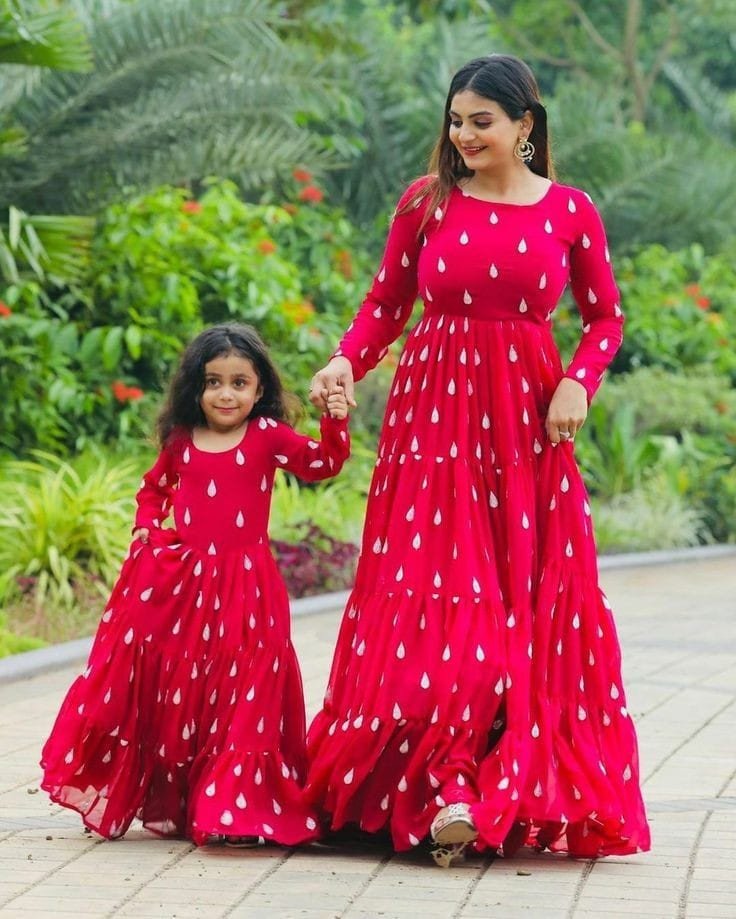 Sastha Fashion Mom And Daughter Ruffle Style Flair Red Colour Gorgette With Embroidery Work Gown( S , M , L , XL , XXL , XXXL )