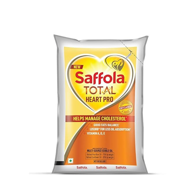 Saffola Total Oil | Heart Pro | Multi source Edible Oil (Blend of Refined Ricebran oil & Refined Sunflower oil) | Power of 6 | Helps Manage Cholesterol | 1 Litre Pouch