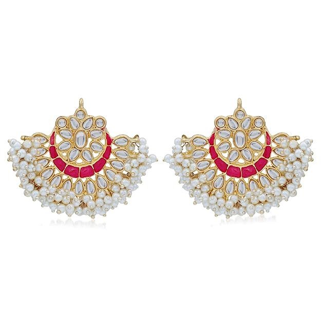 Splendid Pearl Gold Plated Kundan Meenakari Chandbali Earring for Women (SKR56872)