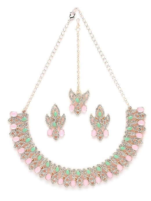 Sukkhi Admirable Fashionable AD Mint Green Stones Collar Bone Necklace Set With Earring And Maangtika | Jewellery Set For Women (NS105672)