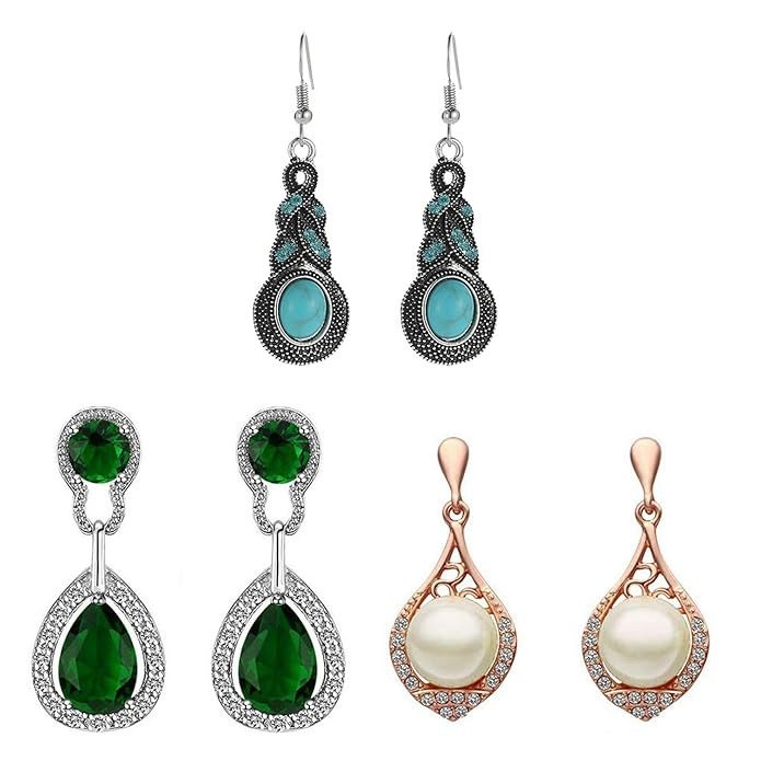 Pair-of-3 Earring-combo Dangler Earrings for Women (Green & Blue) (SKR69216)