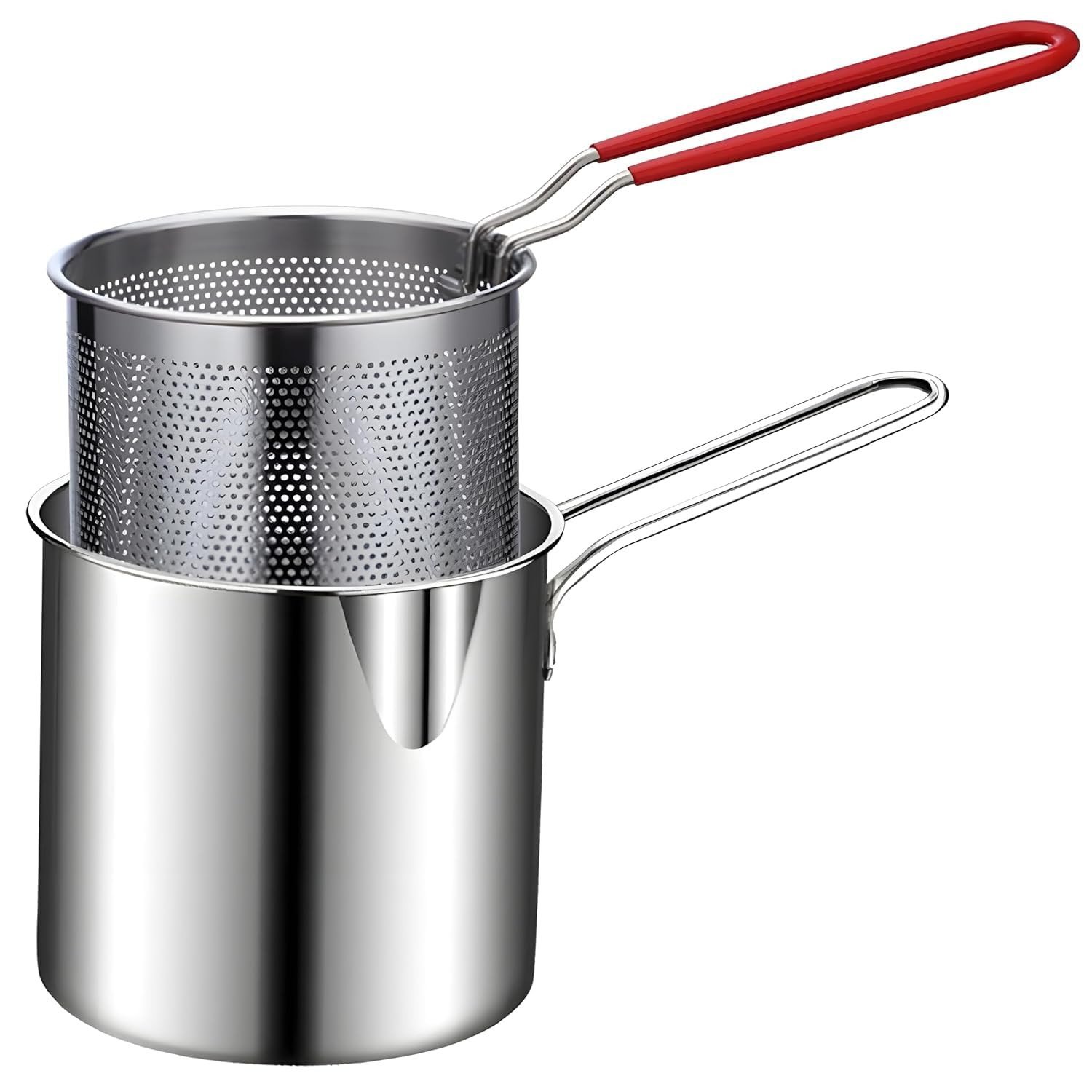 SmartGadgets Small Deep Frying Pot with Strainer Basket - 1200ml Stainless Steel Fryer Pot With Long Handle | Ideal for Frying French Fries, Chicken Wings, Shrimp, Fish, Boiling Butter, and Pasta