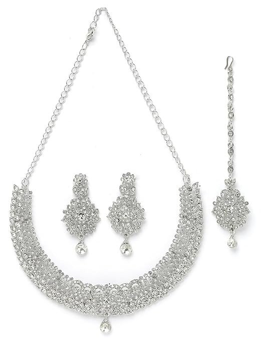 Showstopping Rhodium Plated Silver AD White Stone Collar Bone Necklace Set With Earring And Maangtika | Jewellery Set For Women (NS105670)