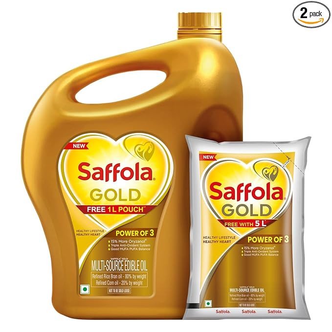 Saffola Gold Refined Cooking oil | Power of 3 - Balance of Good Fats, Triple Anti-Oxidant System & Fortified with Vitamins | Multi-Source Edible Rice Bran & Corn Oil | 5 Litre Jar + 1L Pouch