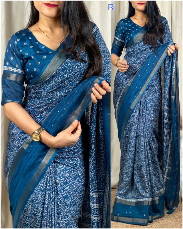 Edathal Star Collection's Kalamkari Print Saree With Sequin & Zari Boder & Tussles In Pallu With Printed Blouse - Blue Colour | Soft Cotton Kalamkari Printed Saree