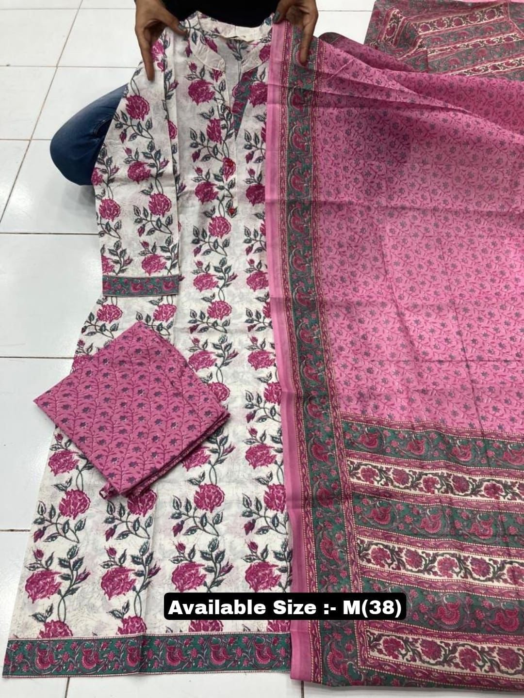 Sew In Style Printed Pure Cotton Ready Made Kurti And Pend With Duppatta | Ladies Full Churidhar Set(Pink and White)