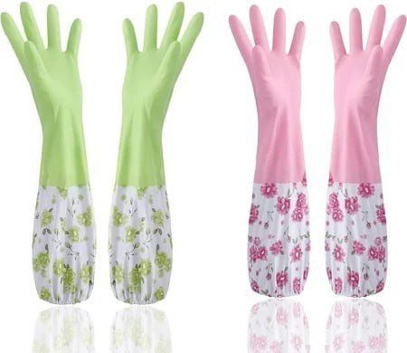 SmartGadgets Reusable Rubber Latex PVC Flock lined Long Sleeves elbow length Hand Gloves for Kitchen Dish-Washing, Cleaning, Gardening, Laundry and Sanitation and Lab Work (2 Pairs) (Pink,Blue)