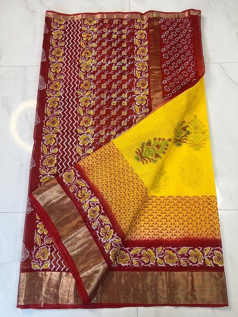 Edathal Star Collection Soft & Smooth Kota Doria Pure Cotton Block Printed Saree With Blouse - Multi Colour | Pure Cotton Saree With Blouse